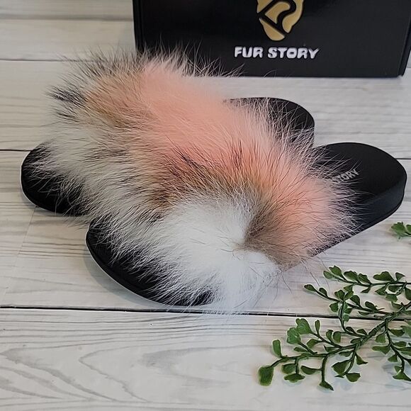 Fur Story Fluffy Fox Fur Slide Sandals Brown White And Pink Womens Size 9 - Picture 6 of 9